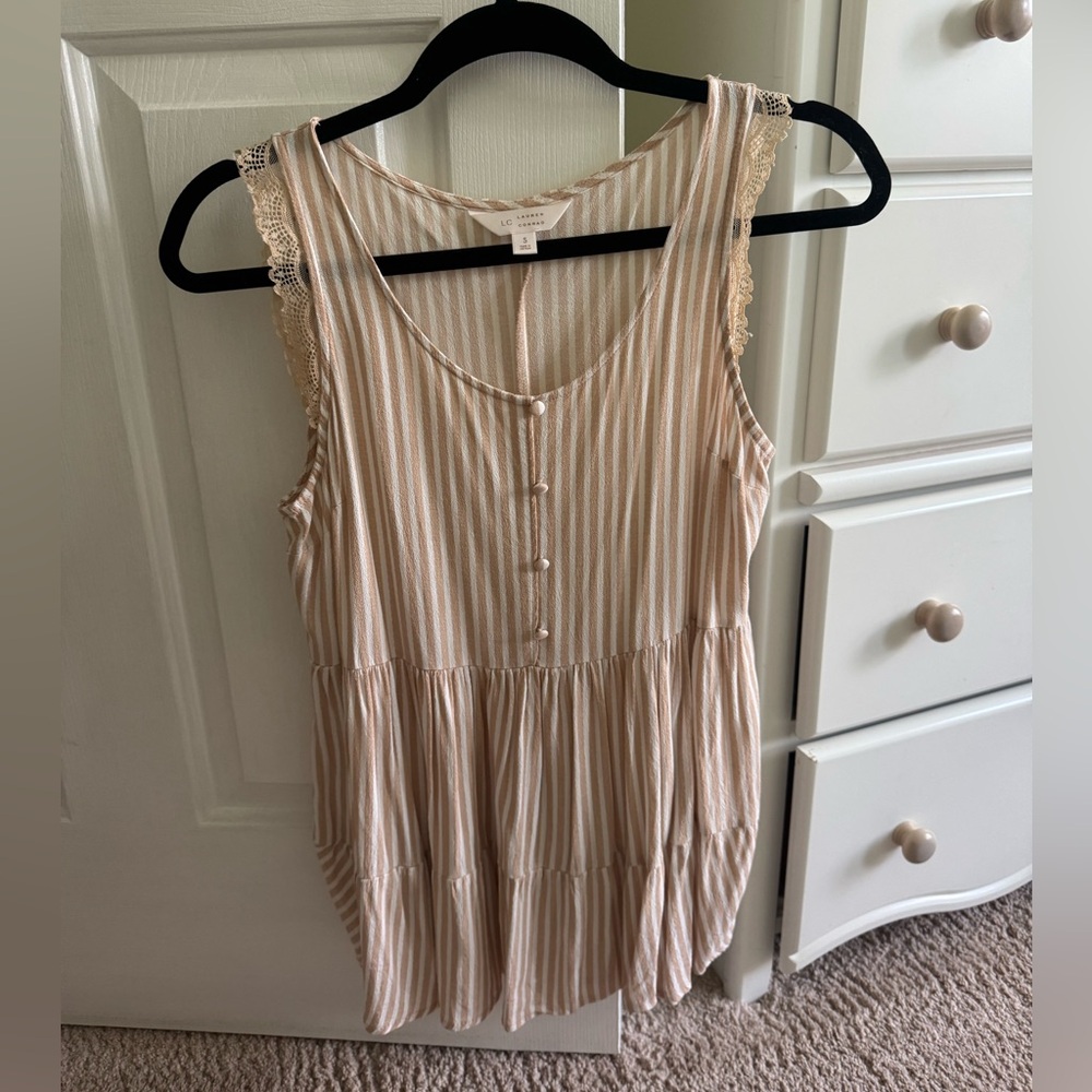 LC Lauren Conrad Cream & Taupe Striped Sleeveless Tiered Tank